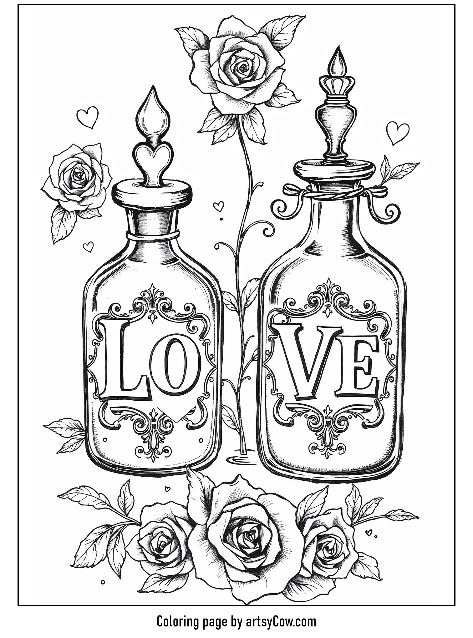 adult coloring pages for valentines day featuring whimsical potion bottles adorned with intricate designs and surrounded by elegant roses and delicate hearts.